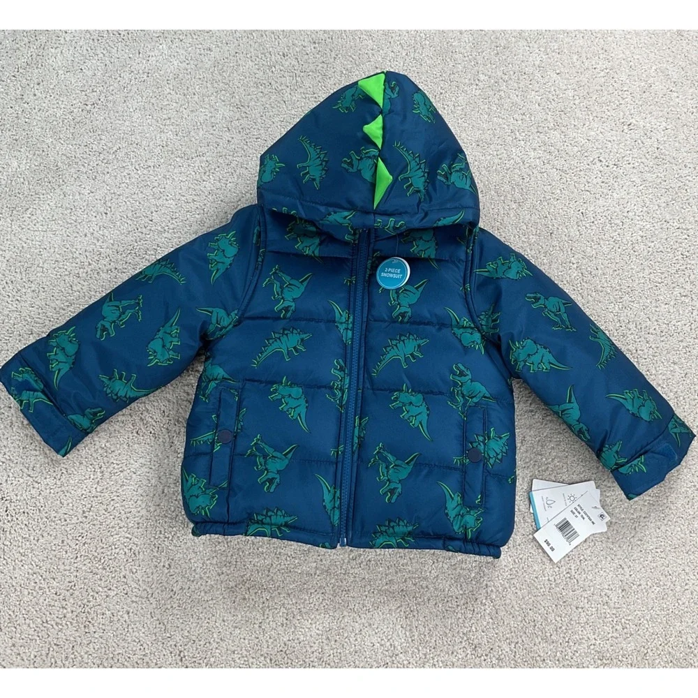 Carters Toddler Boys 2-Piece Dinosaur Snowsuit Teal Blue Puffer‎ Jacket Bibs 3T
